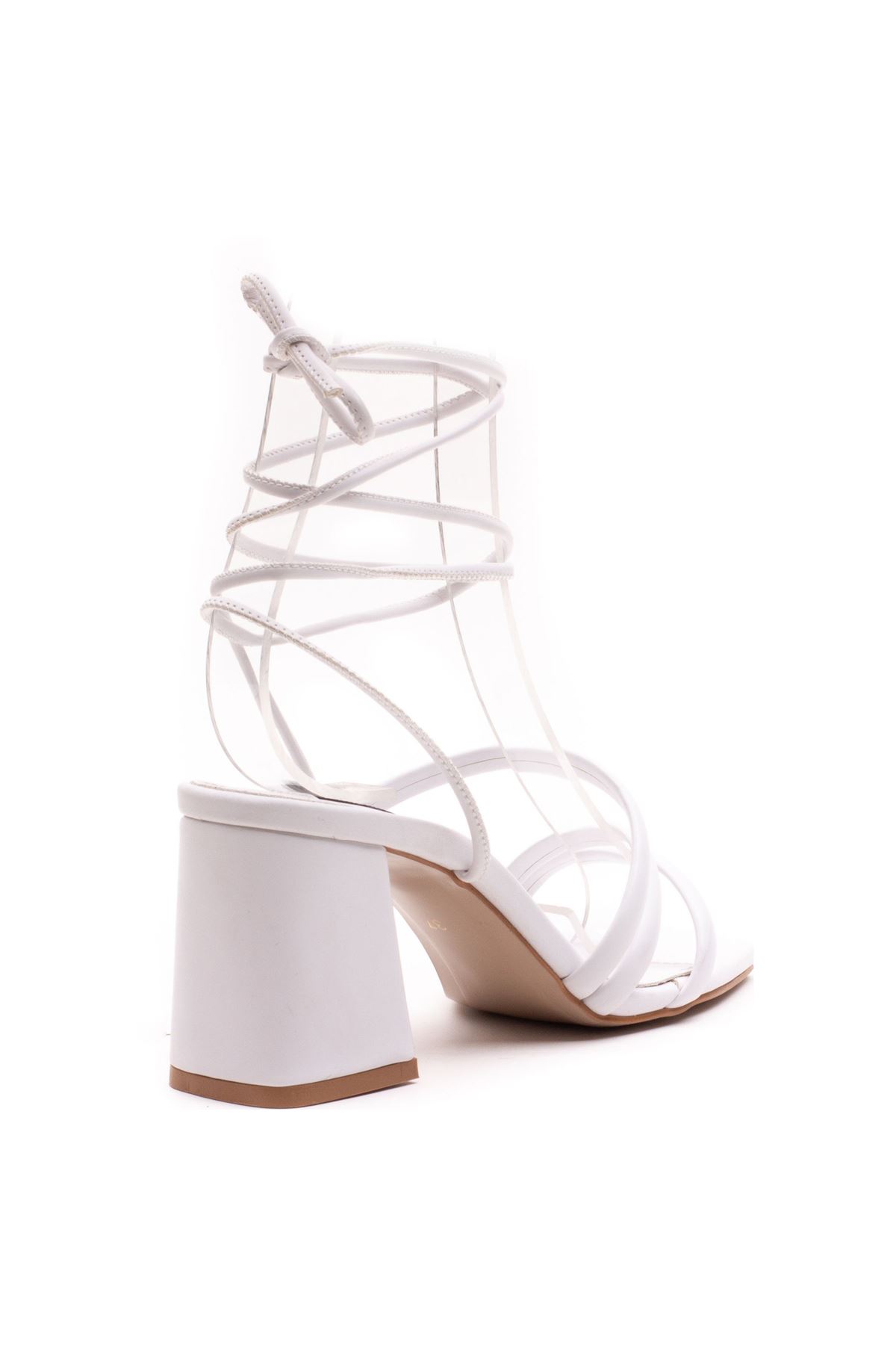 Kadın Bantlı Ve İpli Topuklu Ayakkabı Sandalet Carisa Gate Shoes-Beyaz