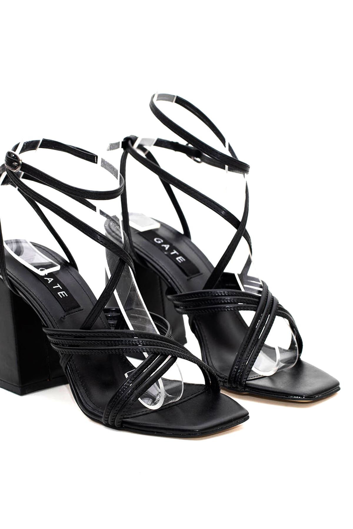 Kadın Bantlı İpli Topuklu Ayakkabı Sandalet Ava Gate Shoes-Siyah
