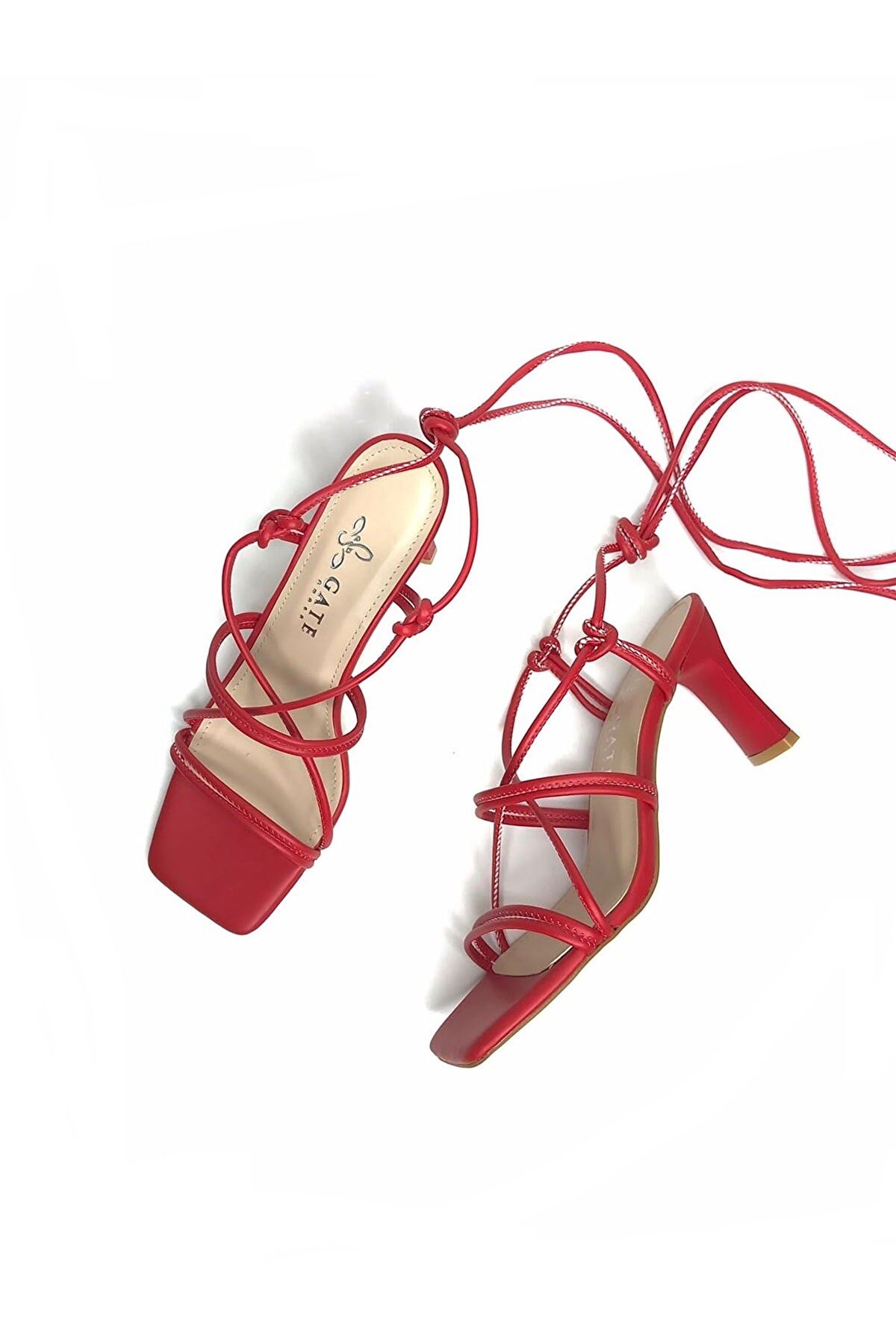 Kadın Bantlı Ve İpli Klasik Topuklu Ayakkabı Sandalet Erica Gate Shoes-Kırmızı