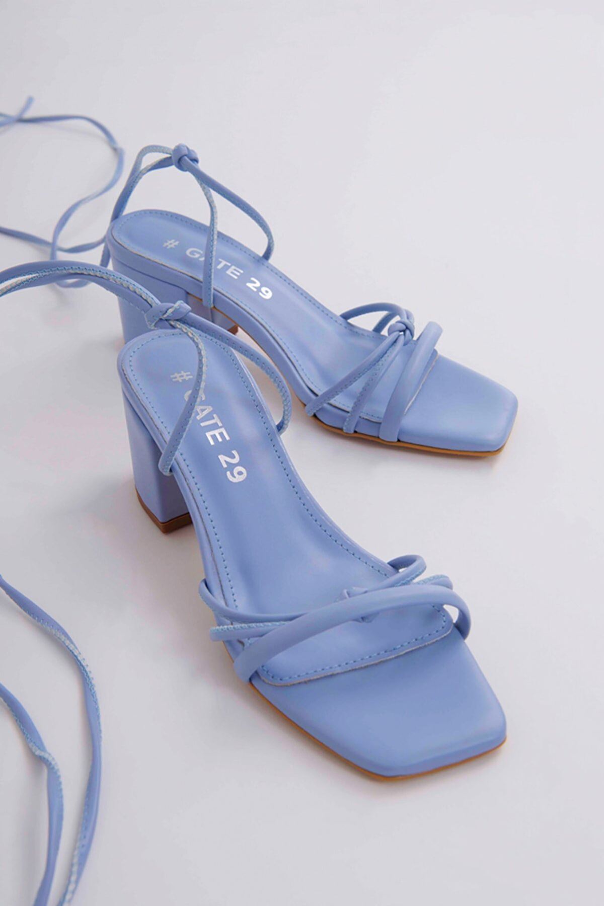 Kadın Bantlı Ve İpli Topuklu Ayakkabı Sandalet Ella Gate Shoes-Mavi
