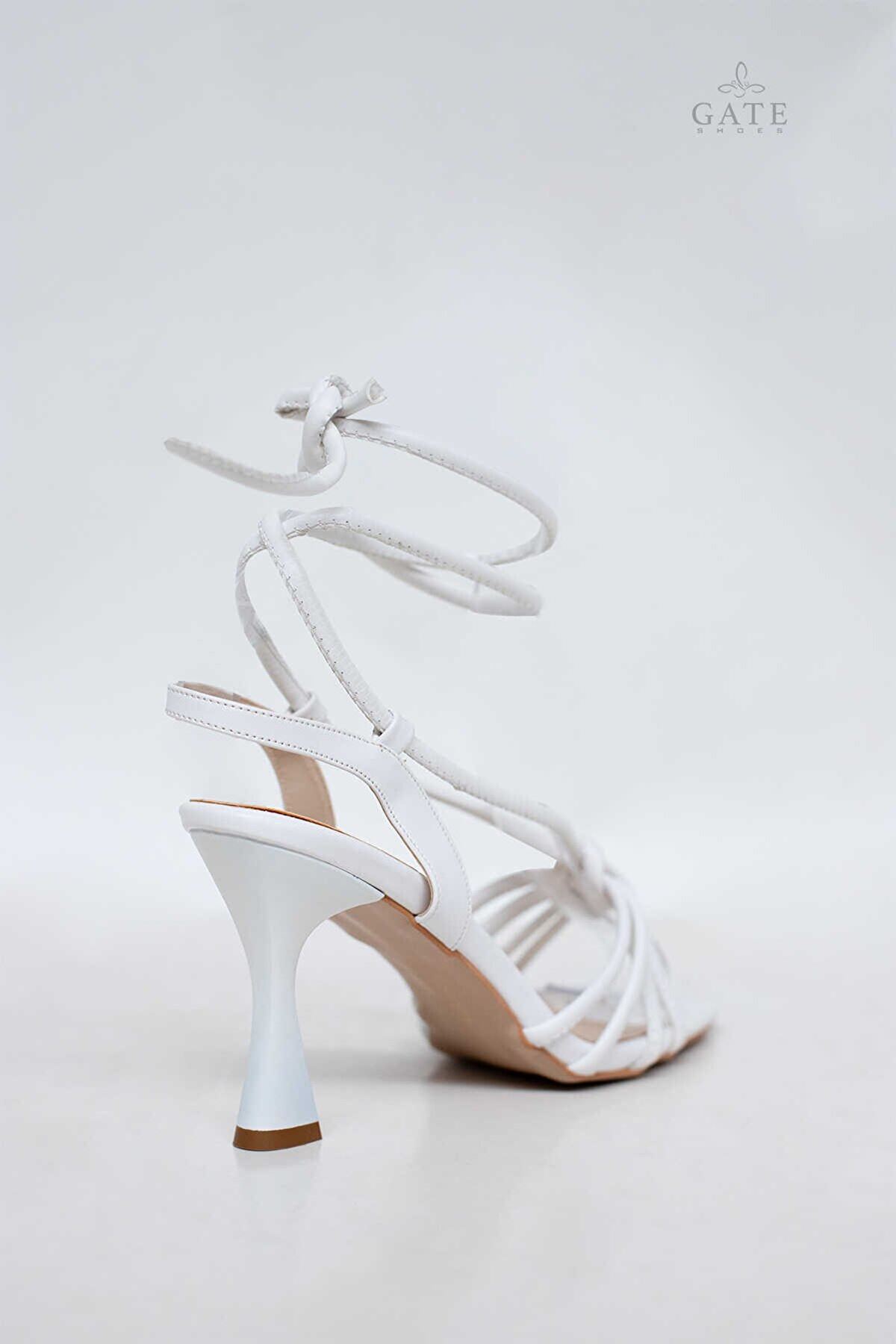 Kadın Bantlı Ve İpli Topuklu Ayakkabı Sandalet Linda Gate Shoes-Beyaz