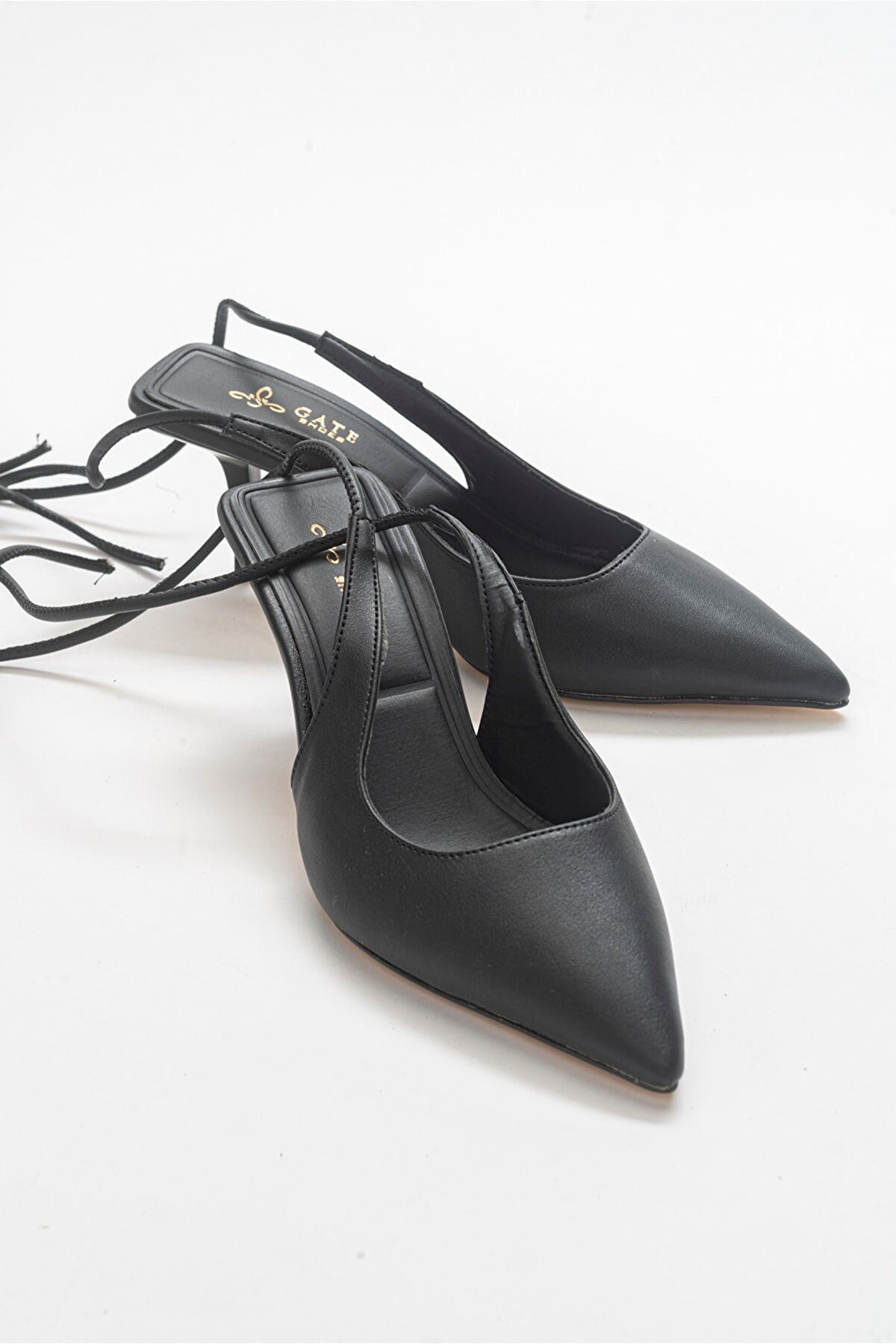 Maja İpli Klasik Topuklu Kadın Günlük Sandalet Ayakkabı Gate Shoes-Siyah