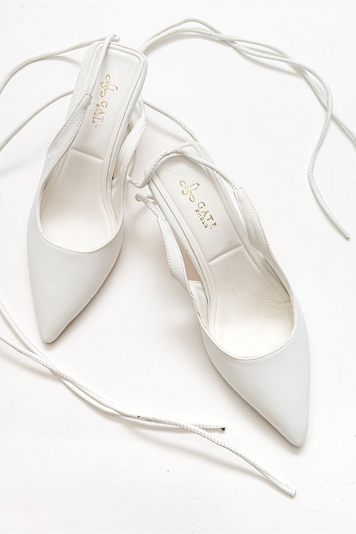 Maja İpli Klasik Topuklu Kadın Günlük Sandalet Ayakkabı Gate Shoes-Beyaz