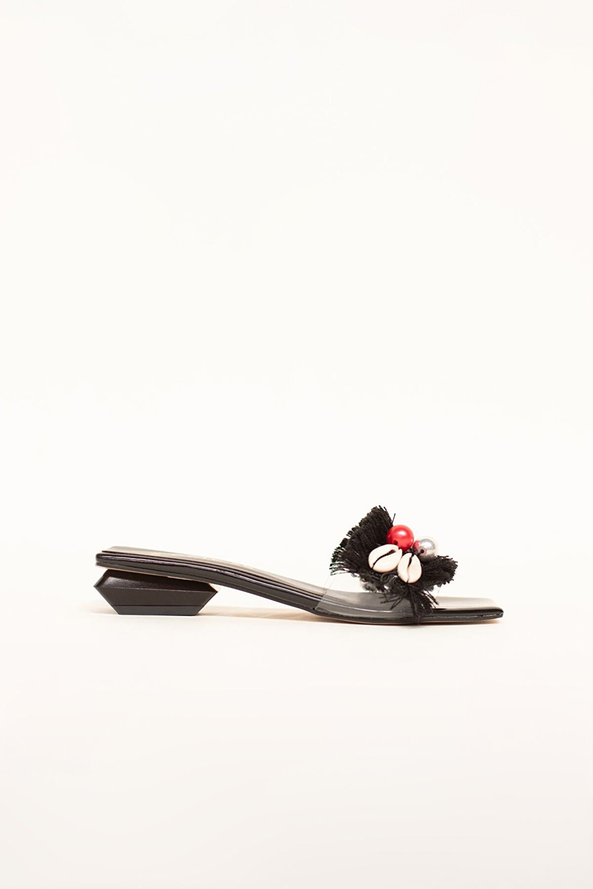 Kadın Şeffaf Bantlı Taşlı Terlik Lopez Gate Shoes-Rugan Siyah
