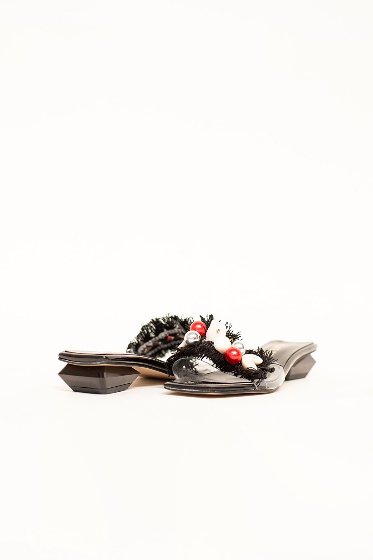 Kadın Şeffaf Bantlı Taşlı Terlik Lopez Gate Shoes-Rugan Siyah