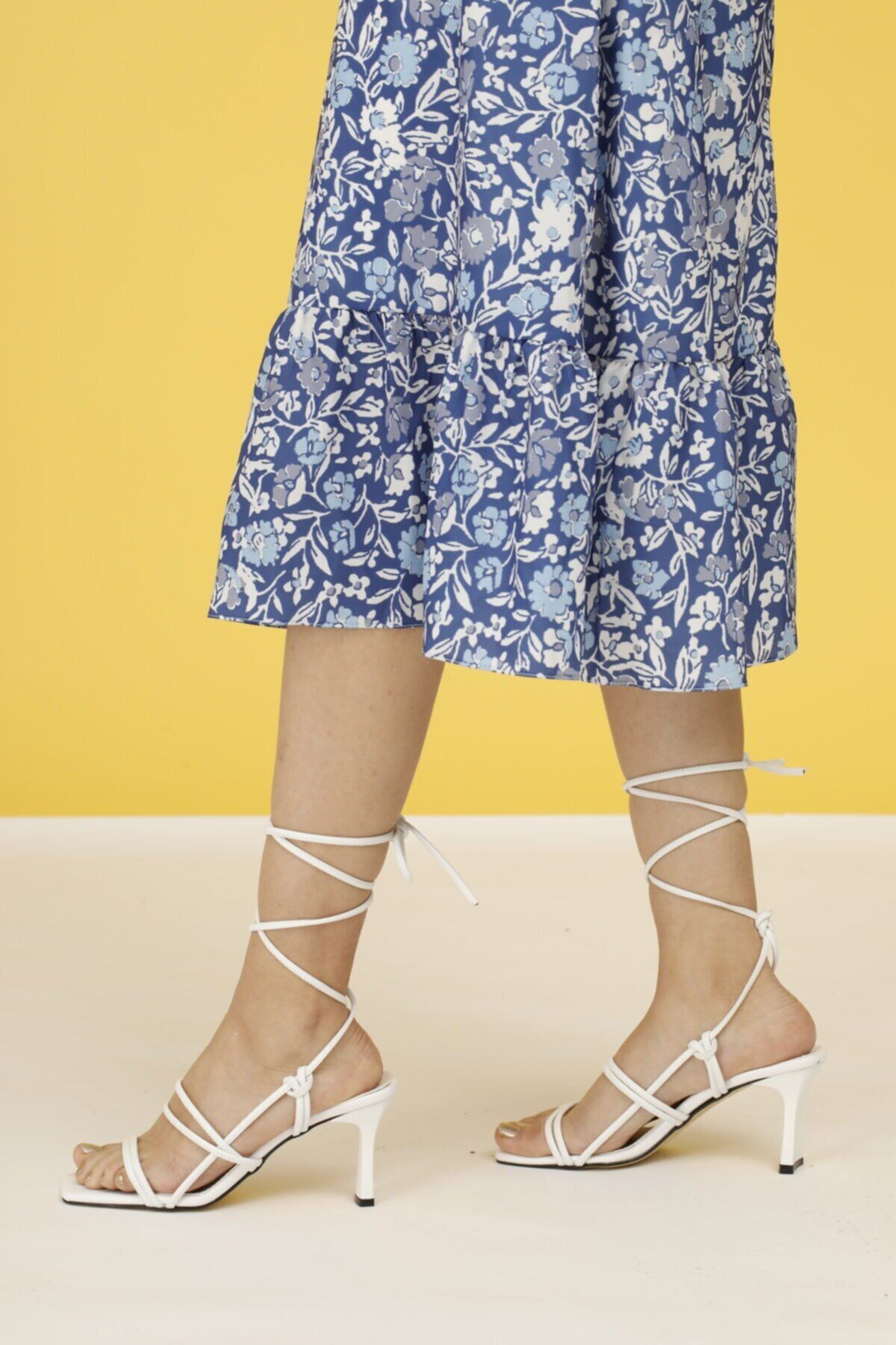 Kadın Bantlı Ve İpli Klasik Topuklu Ayakkabı Sandalet Erica Gate Shoes-Beyaz