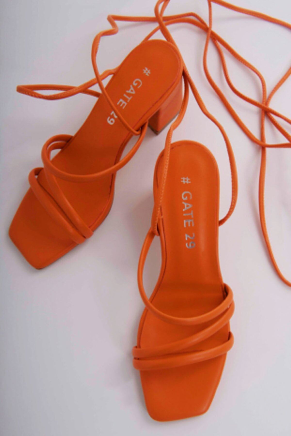 Kadın Bantlı Ve İpli Topuklu Ayakkabı Sandalet Carisa7 Gate Shoes-Turuncu