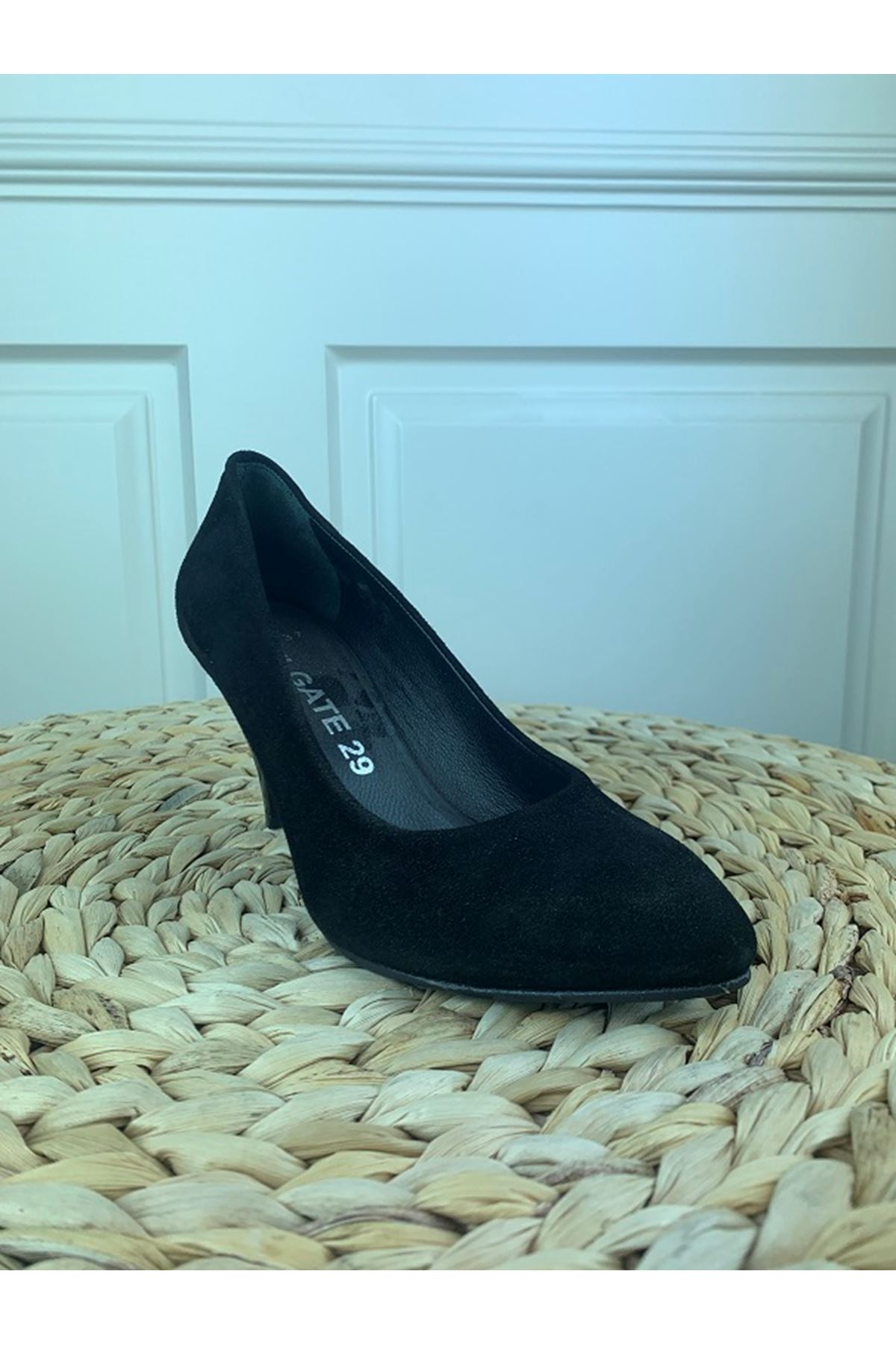 Hakiki Deri Kadın Deri Topuklu Ayakkabı 1784 Gate Shoes -Süet Siyah