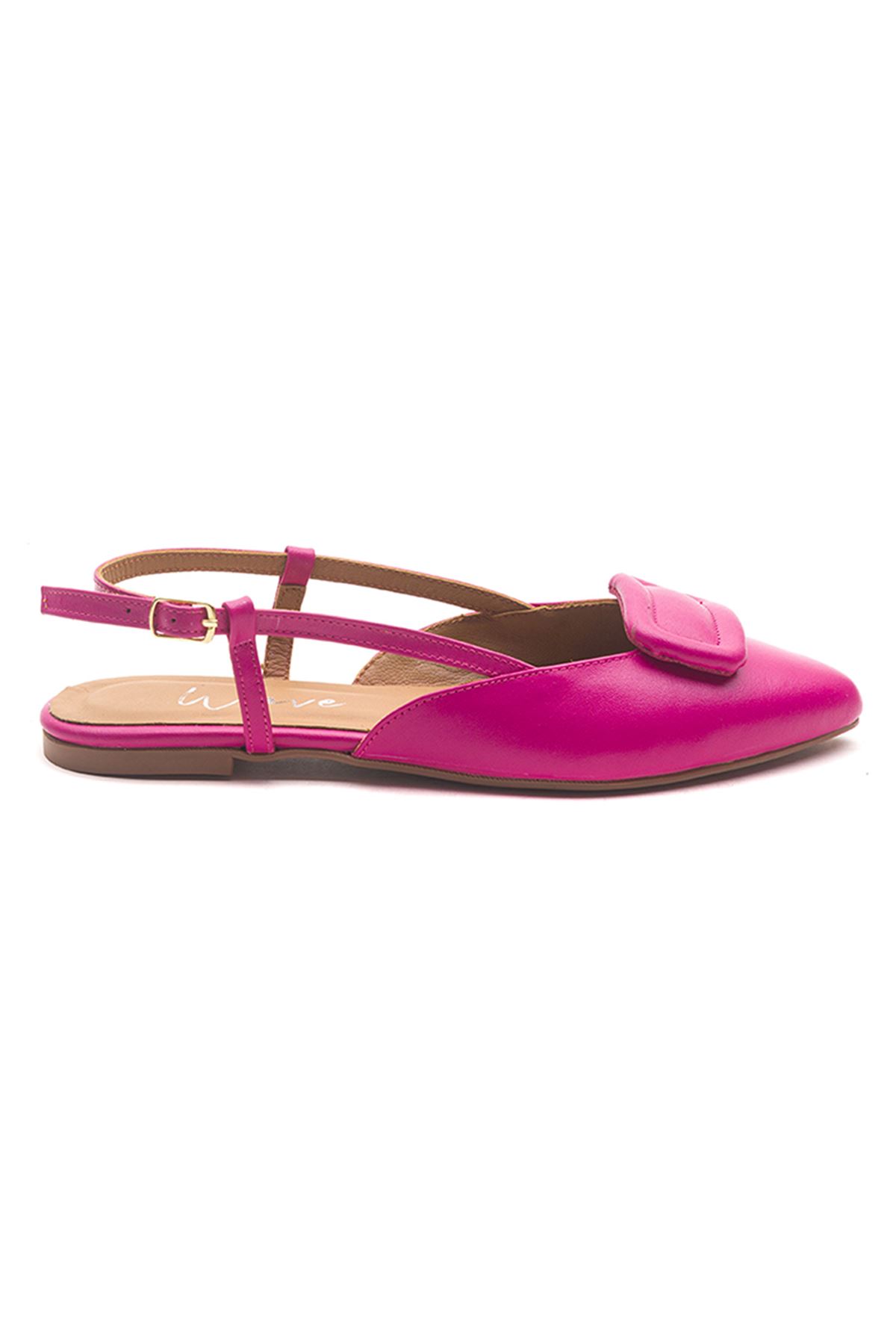 Wave Shoes Hakiki Deri Babet Bilekten Tokalı Ayakkabı Pembe Renk Yazlık Kadın Sandalet 23203 