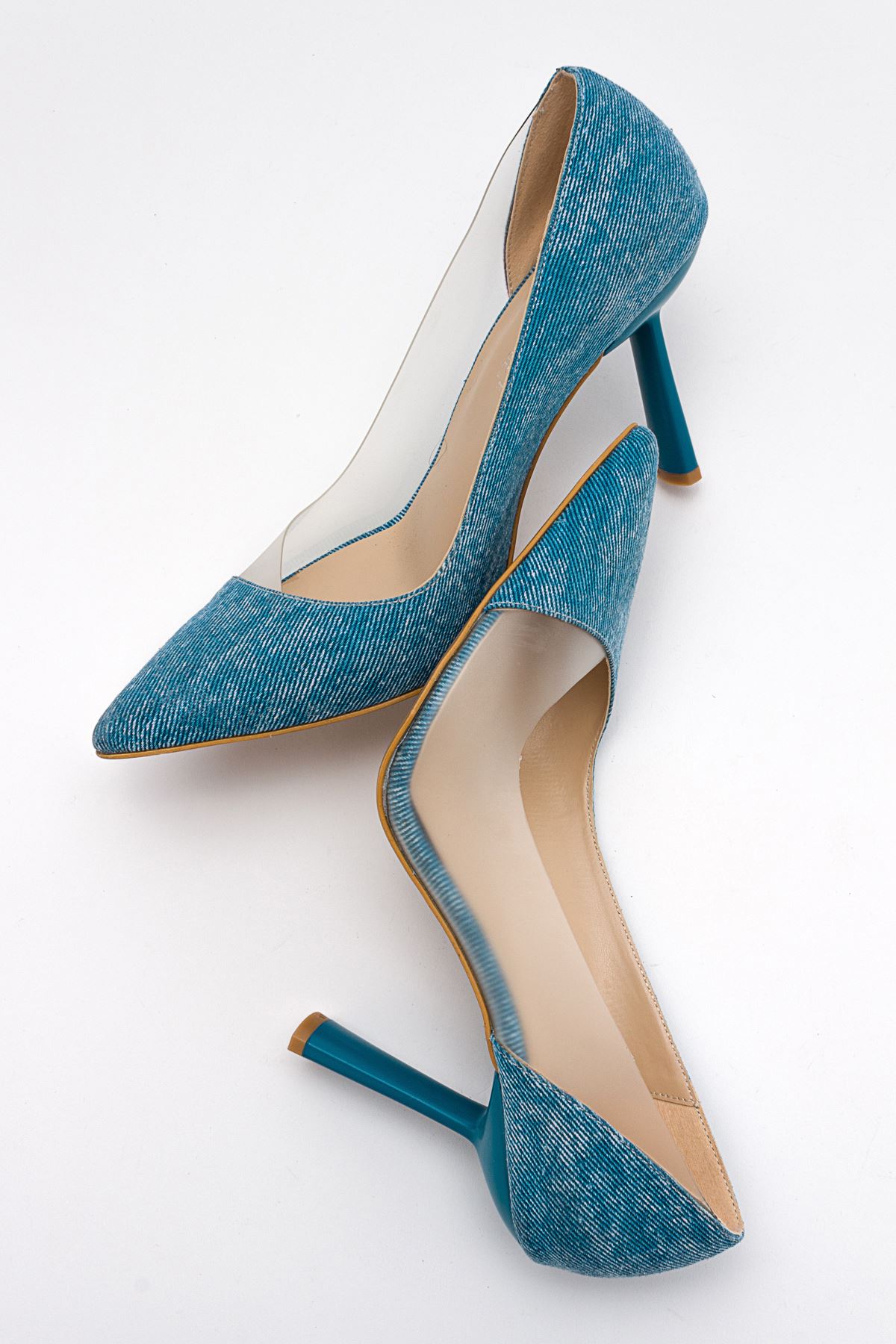 Naomi Şeffaf Dekolteli Stiletto Topuklu Ayakkabı-Kot Mavi