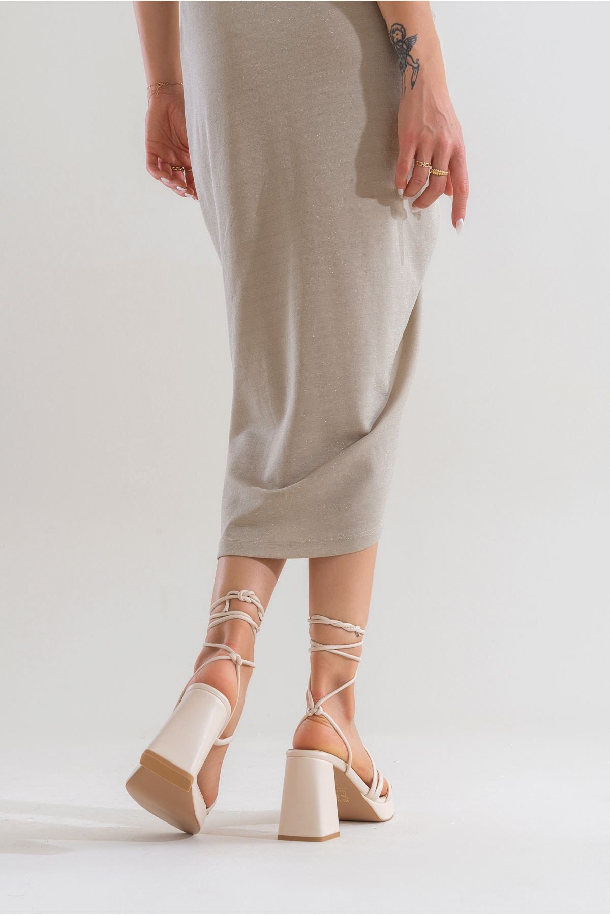 Kadın Bantlı ve İpli Platform Topuklu Kadın Sandalet Carisa Platform Gate Shoes-Fildişi