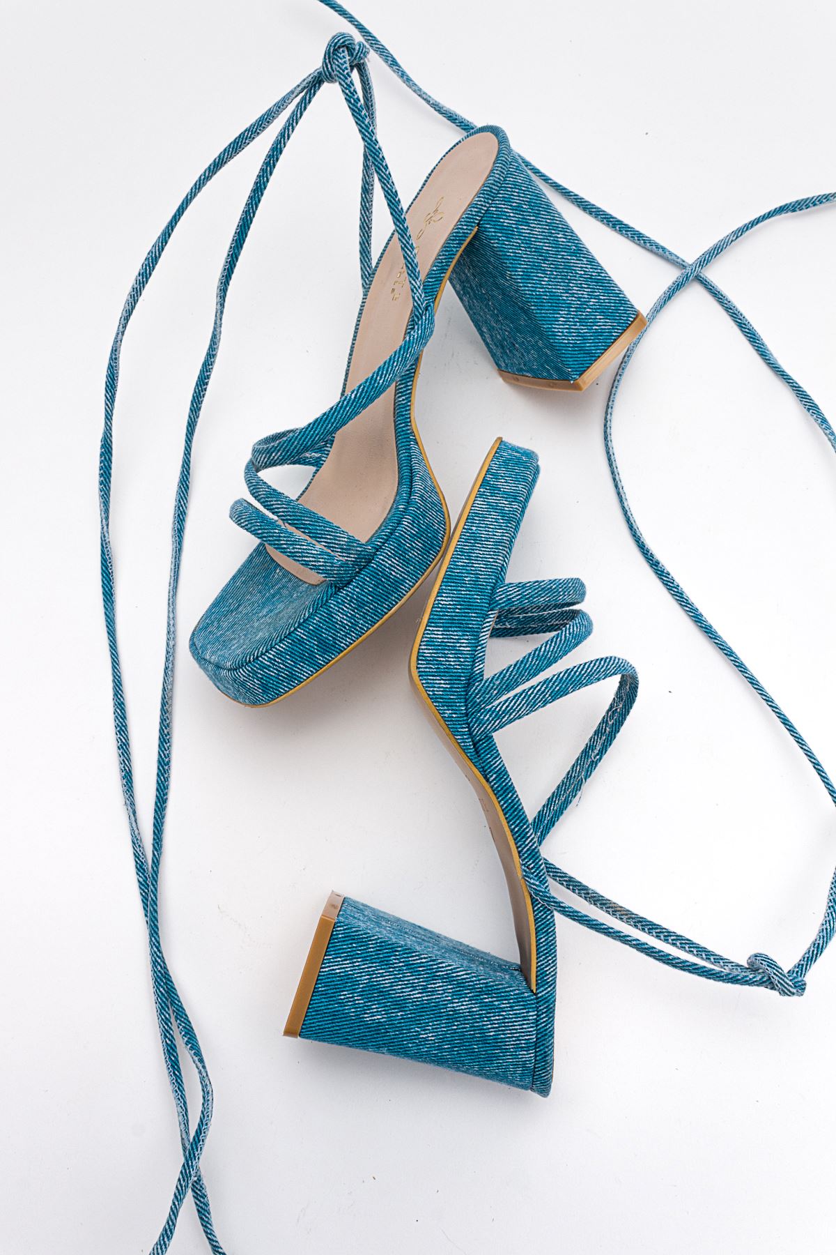 Kadın Bantlı ve İpli Platform Topuklu Kadın Sandalet Carisa Platform Gate Shoes-Kot Mavi