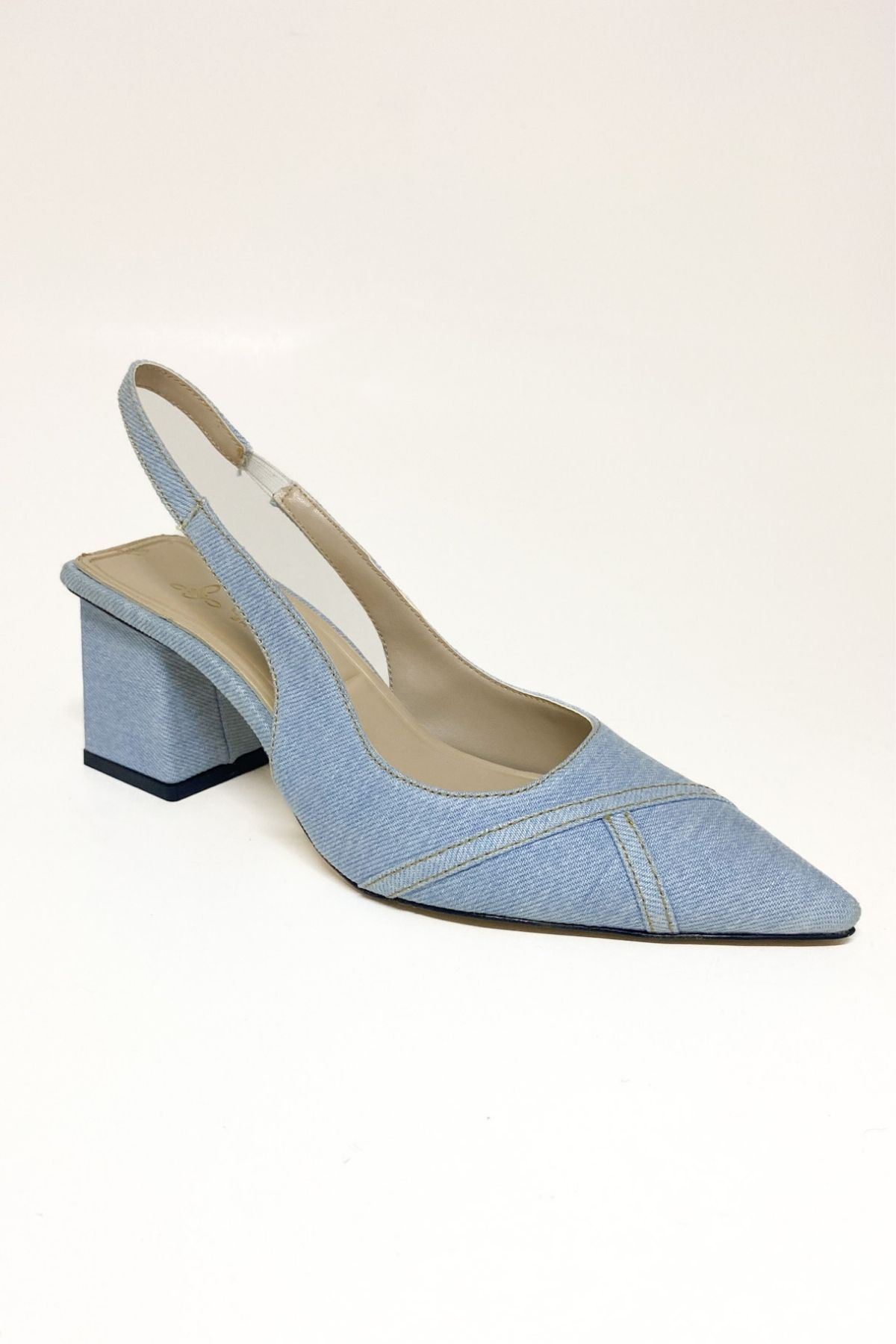 Bilekten Lastikli Denim Jean Sivri Burunlu Günlük Kadın Ayakkabı Daisy Gate Shoes-Kot Mavi