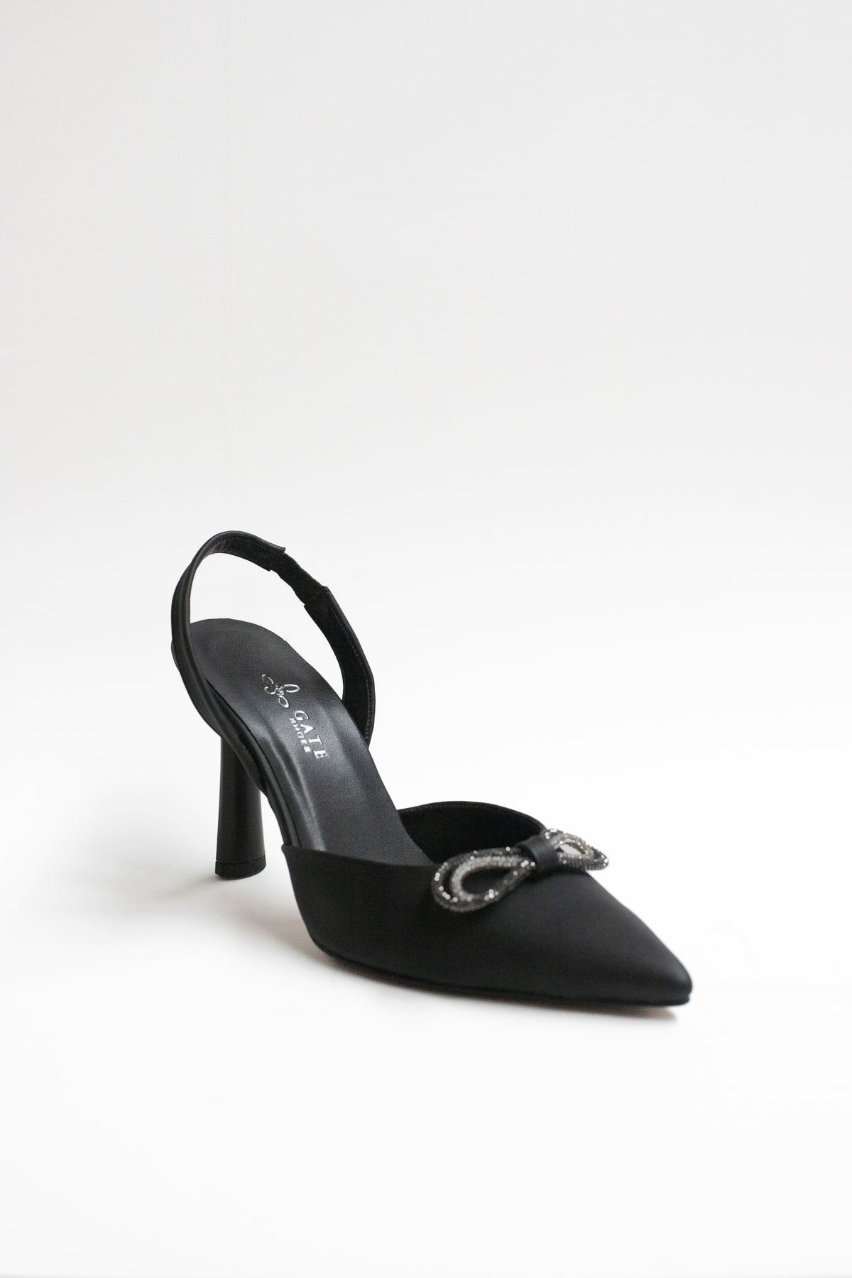 Greta Zarif Taşlı Fiyonklu Topuklu Stiletto Dekolte Ayakkabı-Siyah