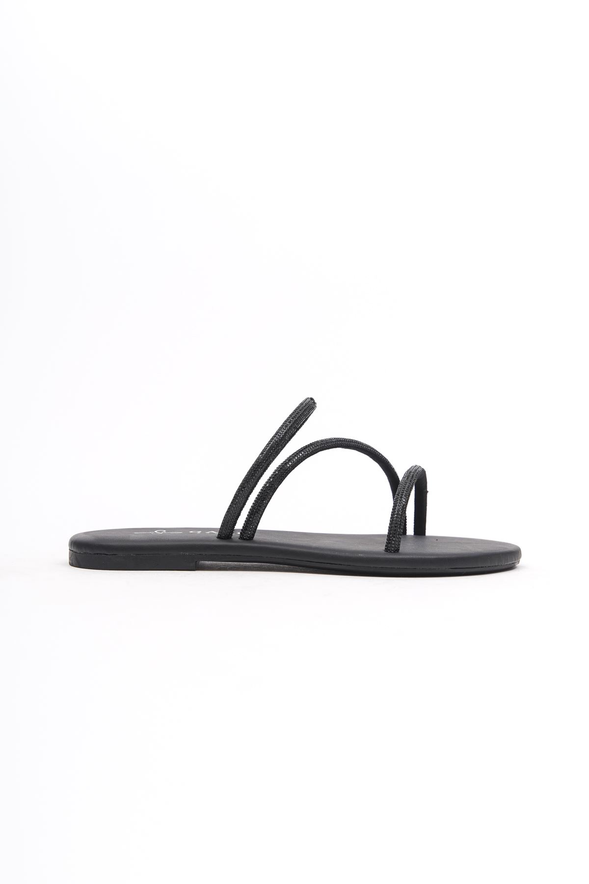 Areta Kristal Parlak Taşlı Alçak Tabanlı Kadın Sandalet Gate Shoes-Siyah