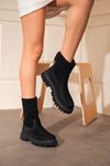 Neana Hakiki Deri Yüksek Tabanlı Çorap Soğuk Geçirmez Triko Bilekli Kadın Bot-Siyah